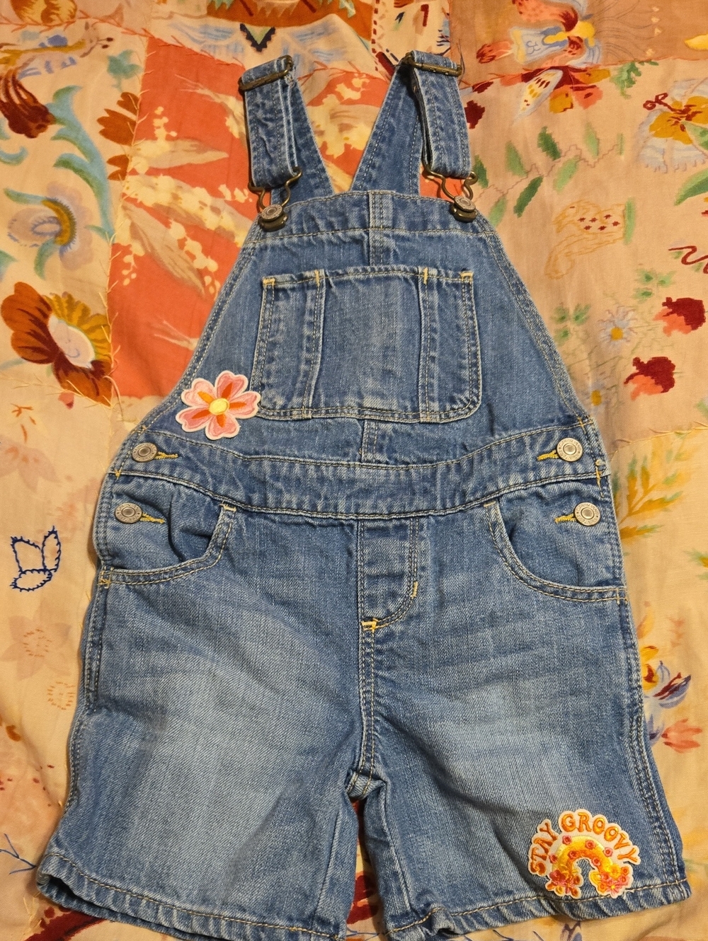 Kids Denim Short Overalls - Blue with Floral Patches